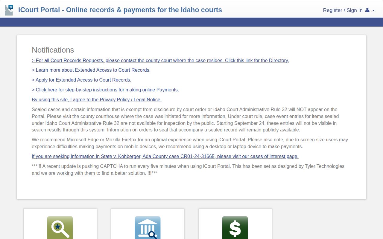 Idaho iCourt public search page for Oneida County case outcomes
