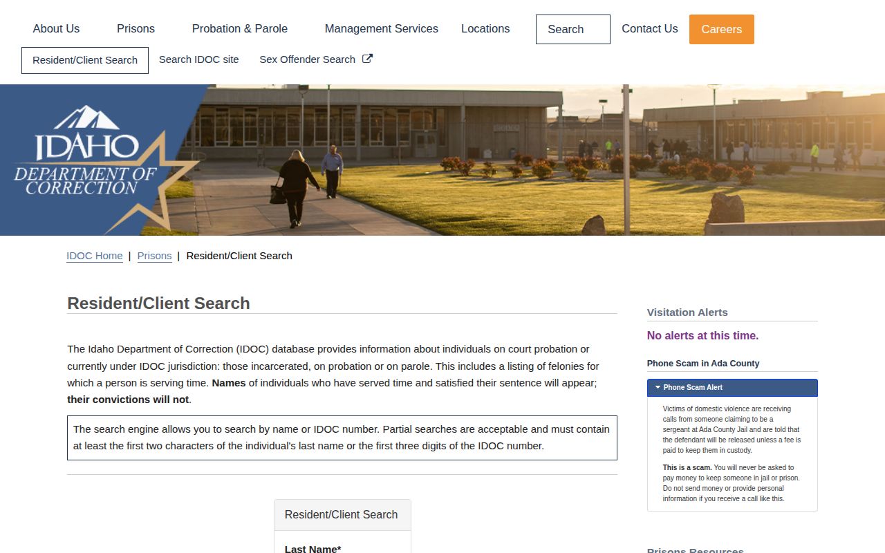 Idaho Department of Correction resident and client search