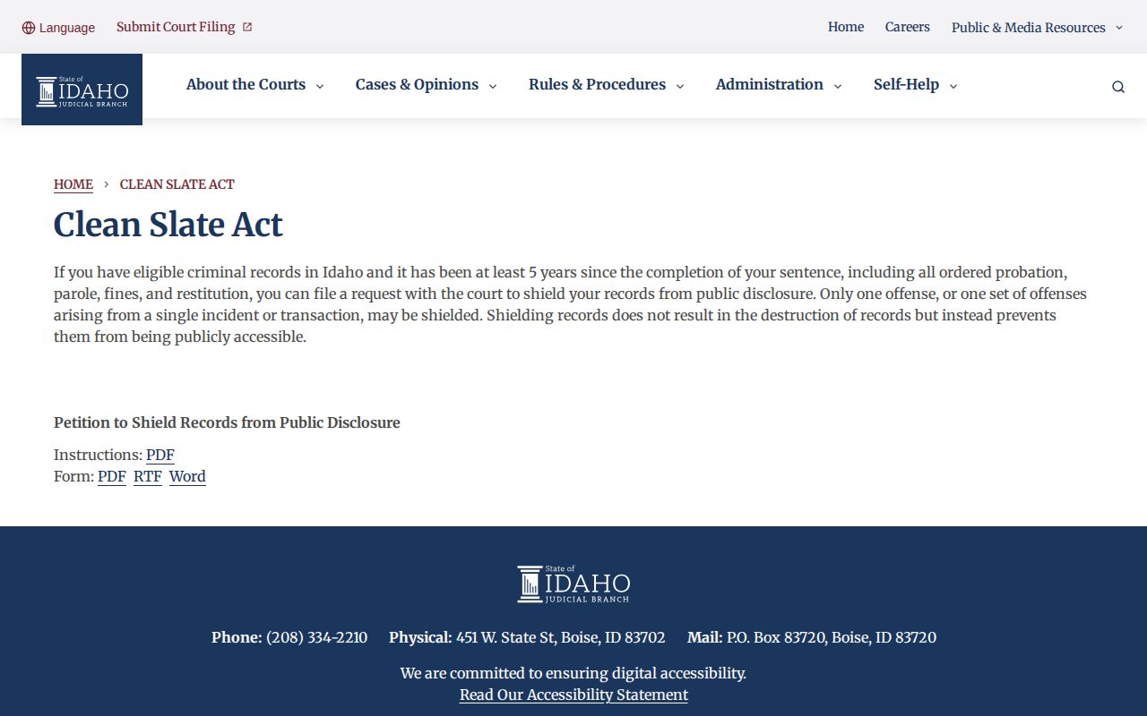 Idaho Clean Slate Act information